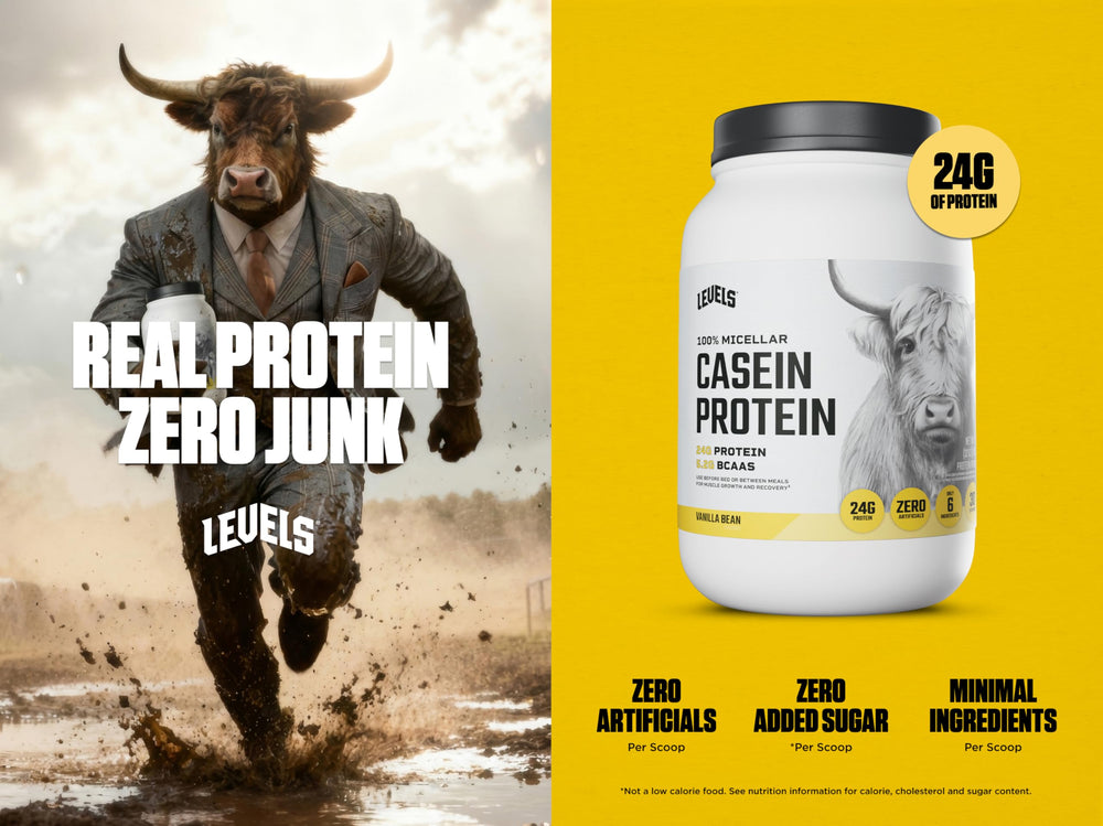 Levels Vanilla Bean Casein powder being poured shows smooth mixing and easy use.