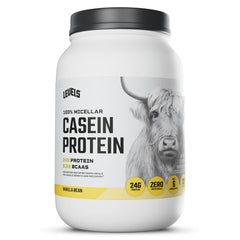 Levels Vanilla Bean Casein tub front highlighting premium protein for steady overnight nutrition.