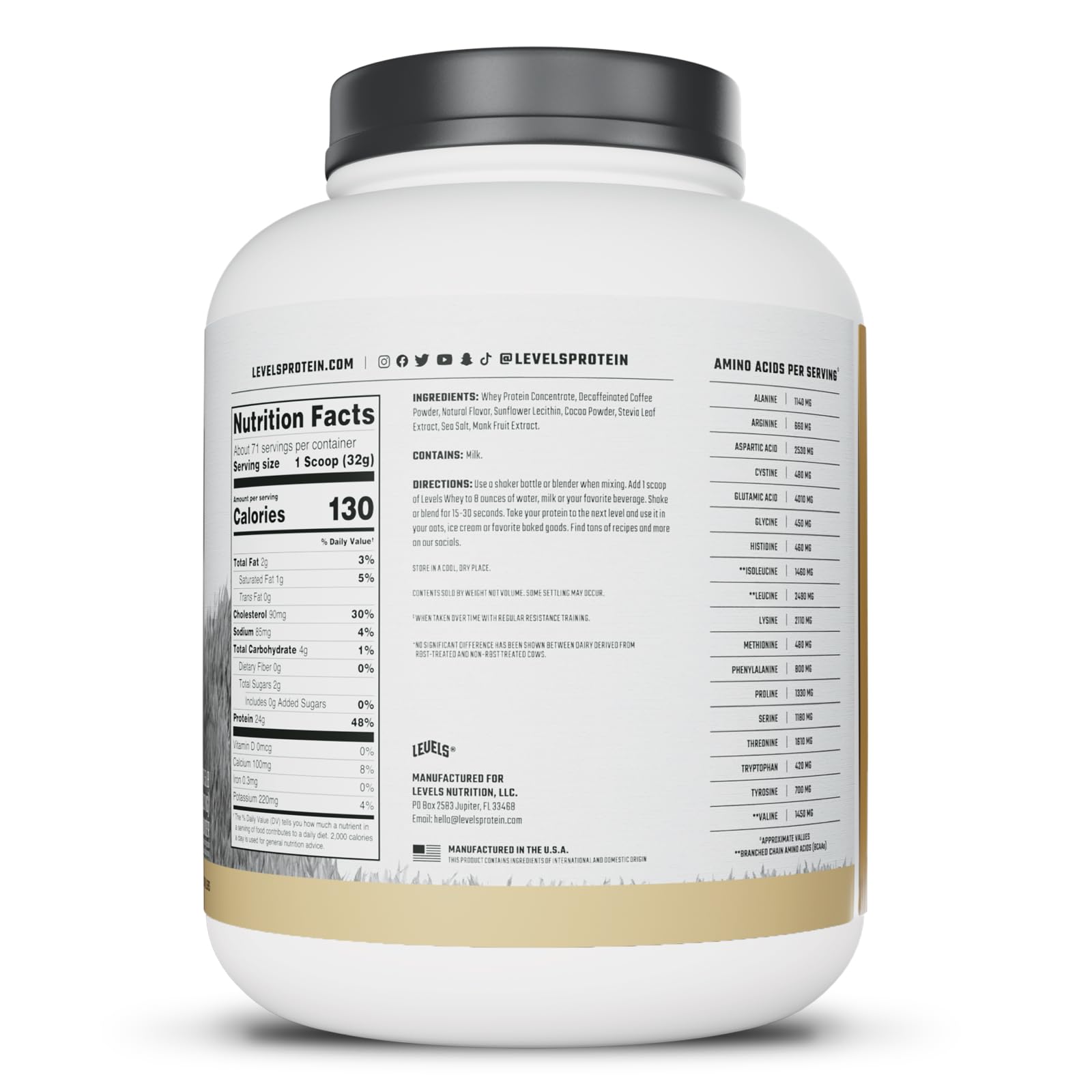 Levels USA-made whey preserves bioactivity and quality.