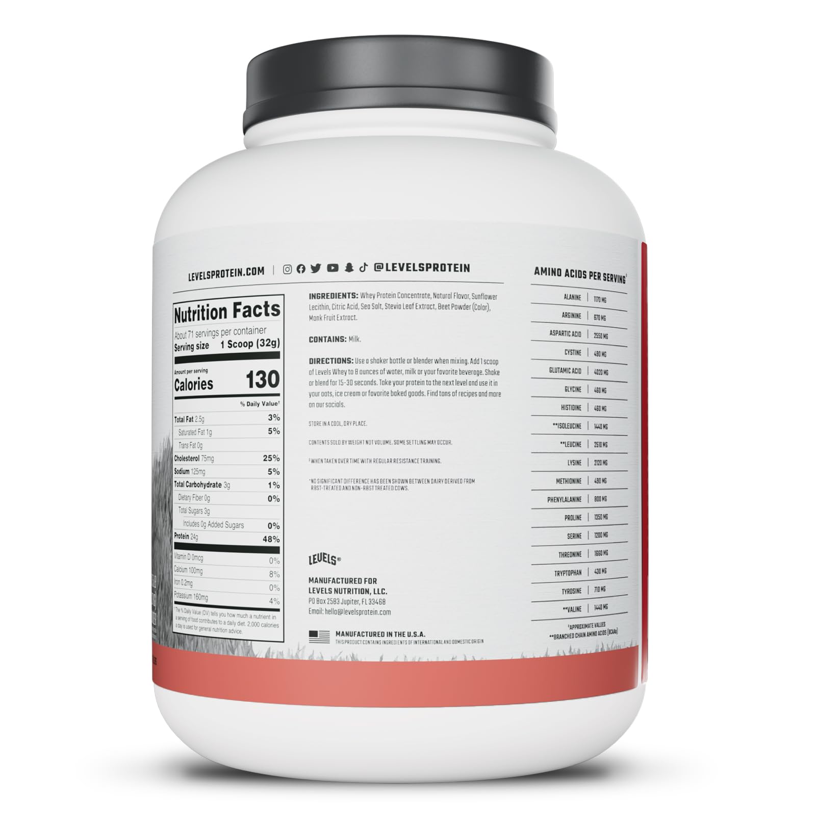 Levels Whey concentrate with cold-process microfiltered badge.