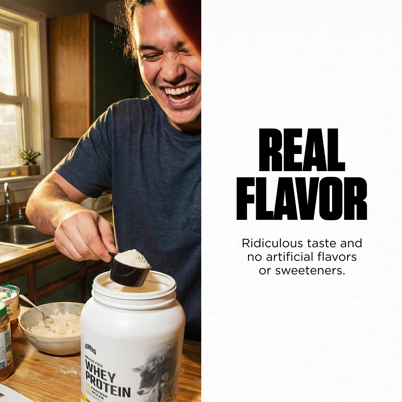 Levels Whey Protein label emphasizes no artificial flavors.