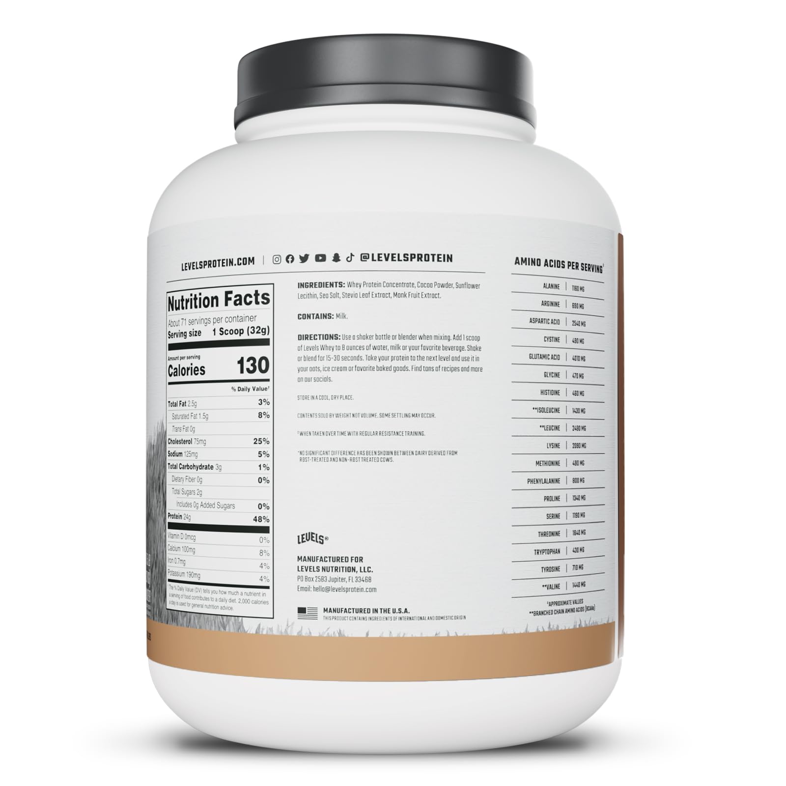Levels Whey protein dissolved in glass for a ready-to-drink shake.