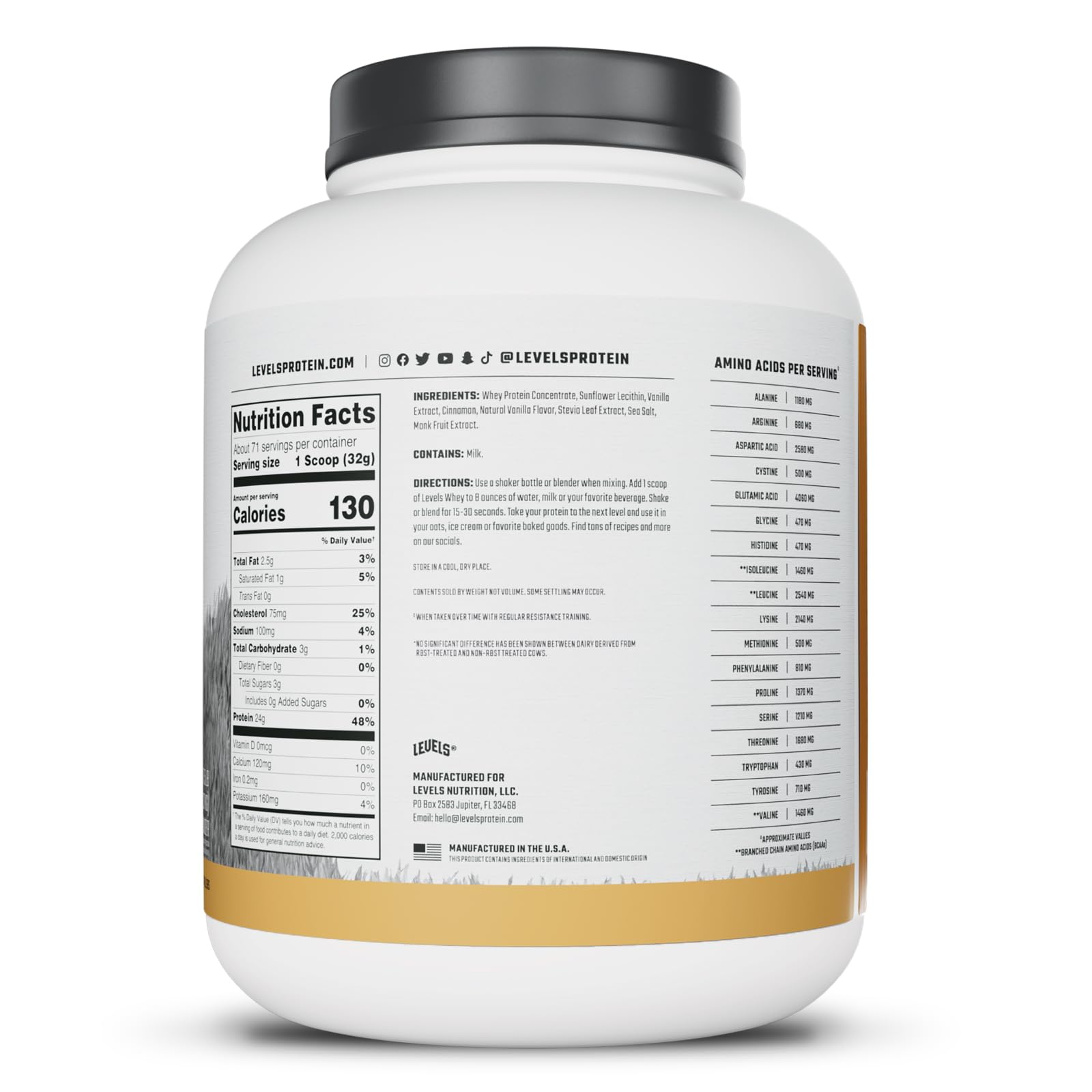 Levels Whey Protein ingredients panel clarifies clean labels and minimal additives.