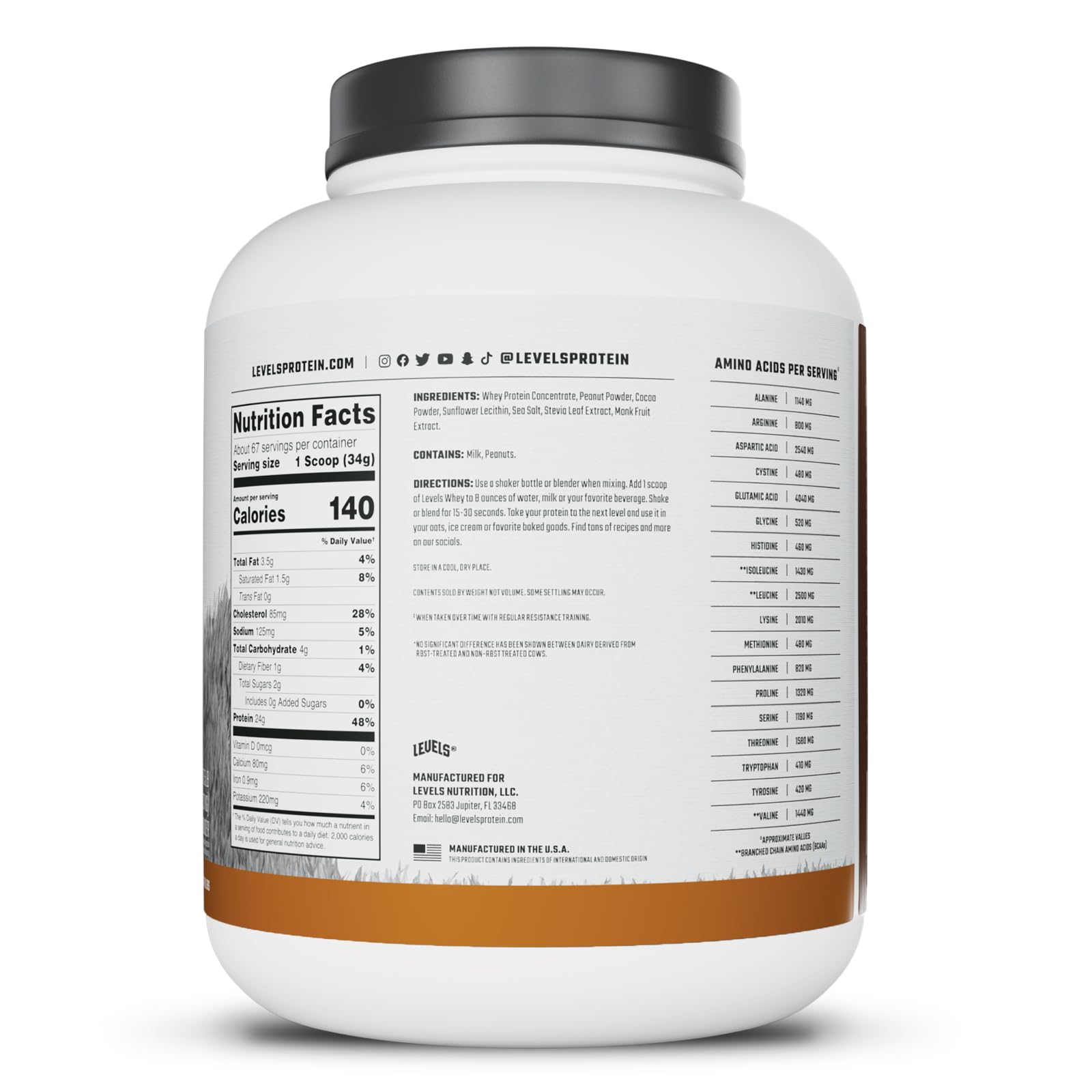 Levels Whey Protein made in USA badge signals quality dairy