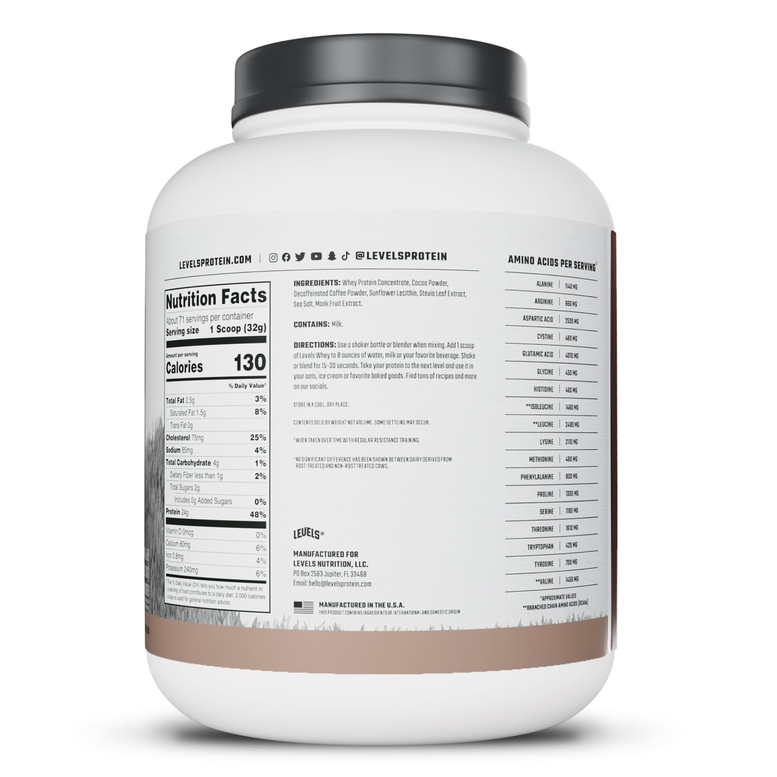 USA-made label on Levels whey protein package
