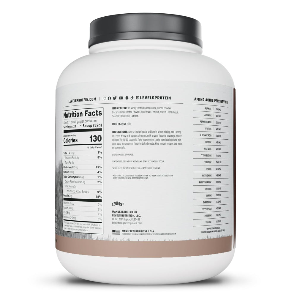 USA-made label on Levels whey protein package