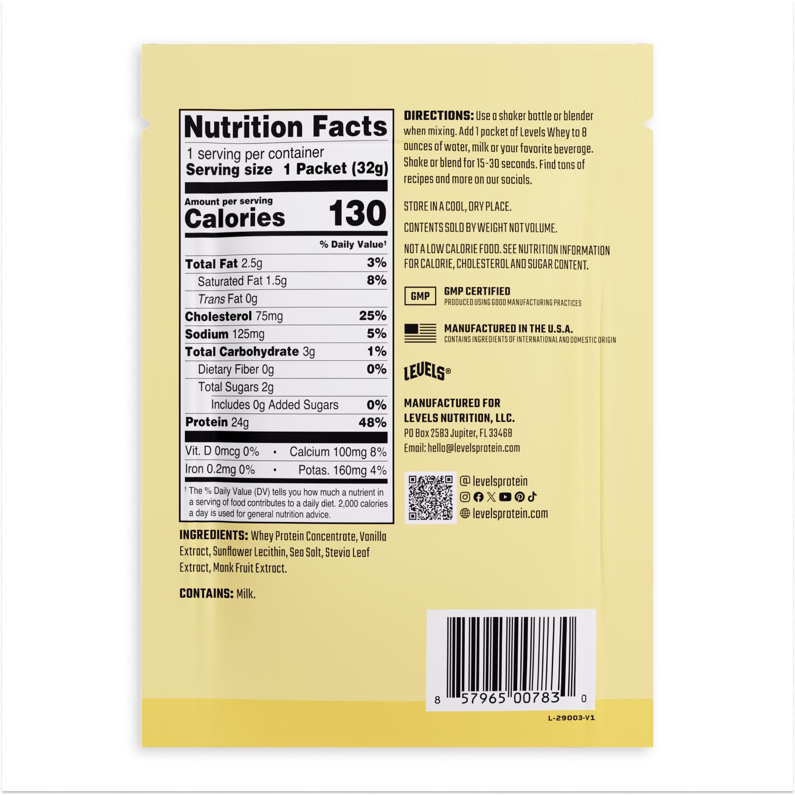 Levels Whey Nutrition facts panel highlights protein and BCAAs