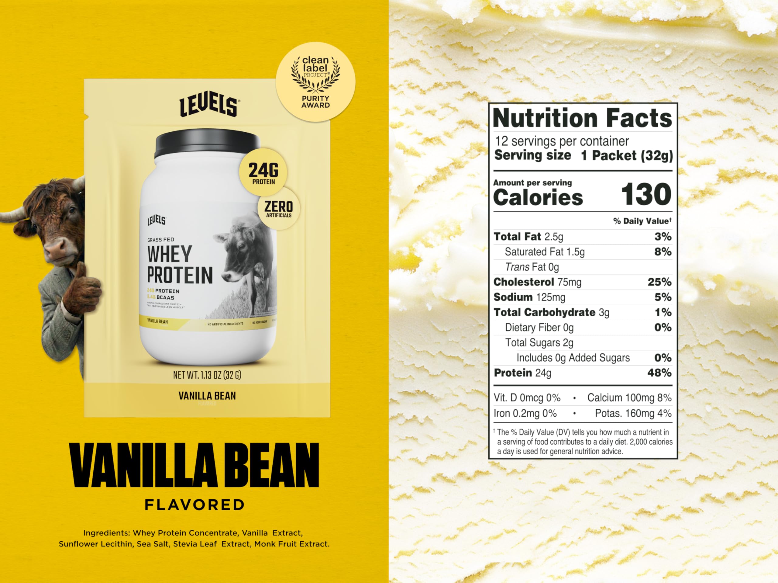 Levels Whey protein scoop Vanilla Bean shows convenient serving