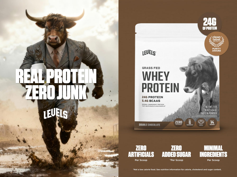 Levels whey protein scoop highlights 24g protein per scoop for workout support.