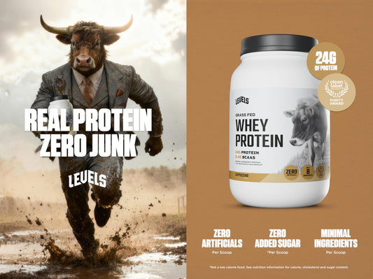 Levels whey scoop pouring cappuccino, convenient serving for quick shakes.