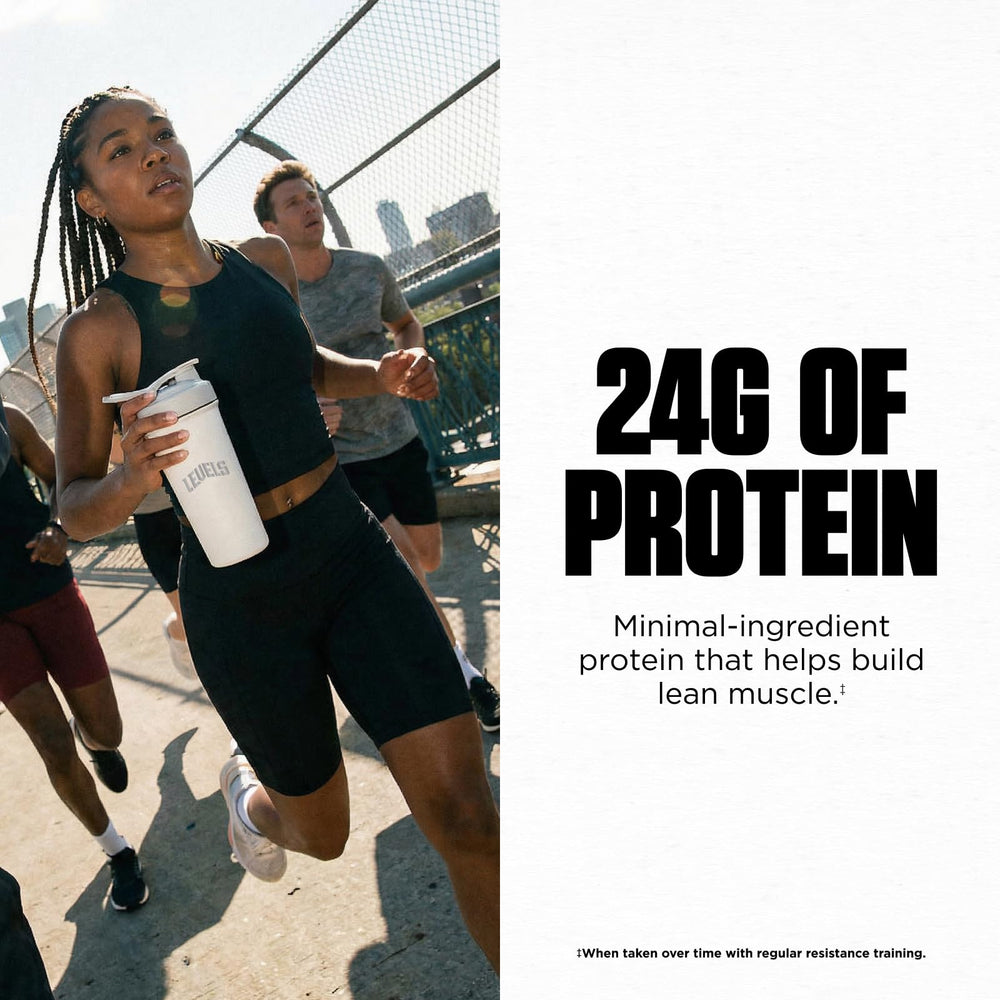 A glass of Levels strawberry whey shake for quick recovery.
