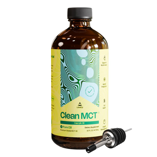 LevelUp C8 MCT Oil bottle front displaying pure coconut-derived caprylic oil