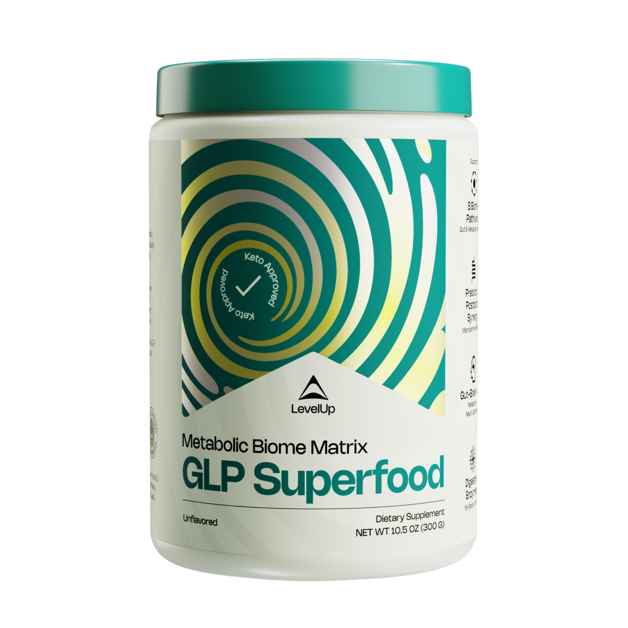 LevelUp GLP Superfood bottle highlights Akkermansia for daily gut balance.