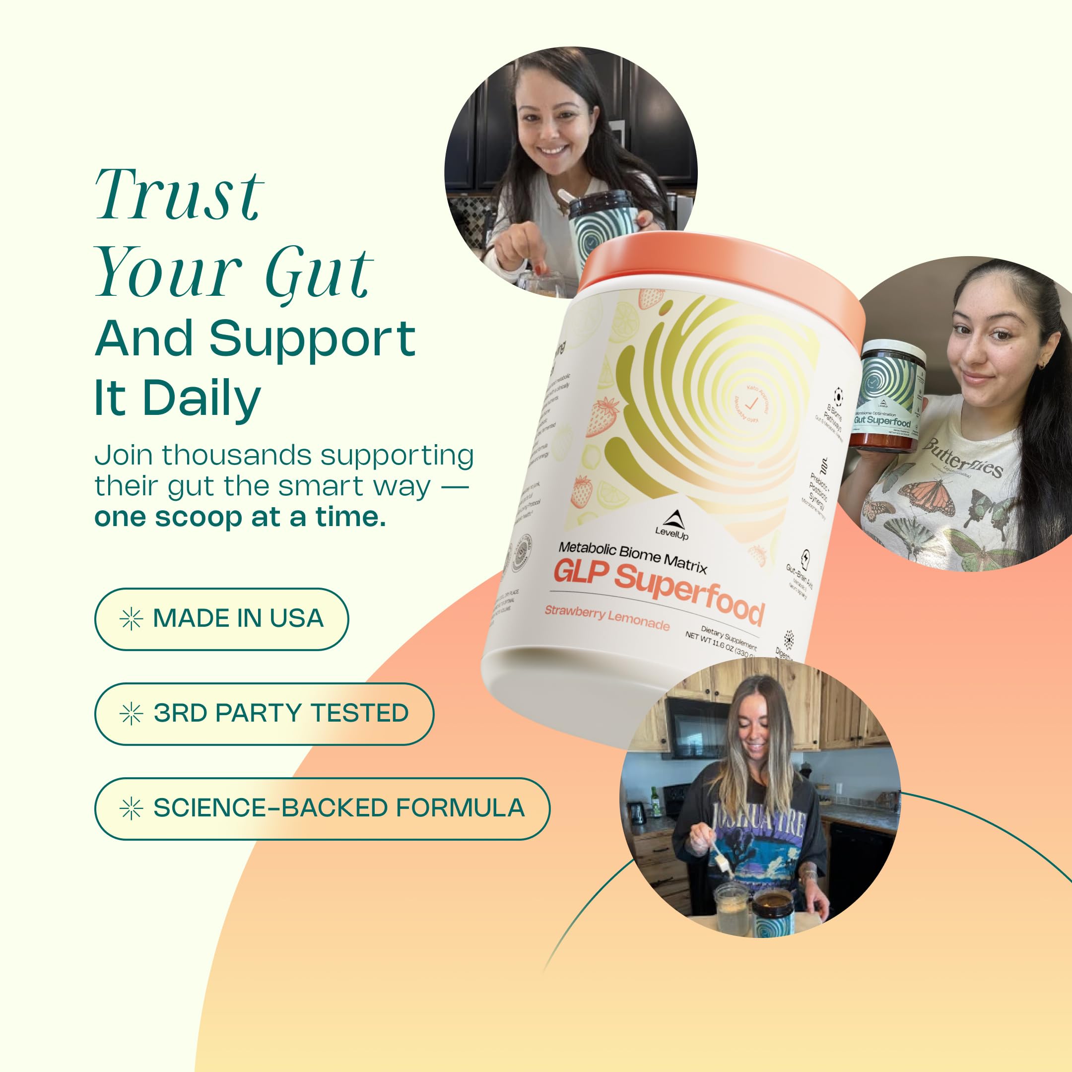 LevelUp GLP Superfood packaging emphasizes zero sugar and clean ingredients.