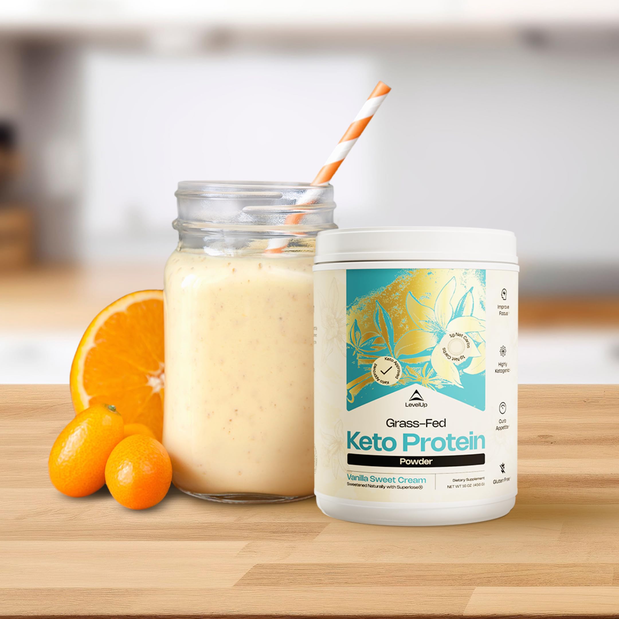 LevelUp Keto Protein ingredients close-up show collagen and whey blend for balanced protein.