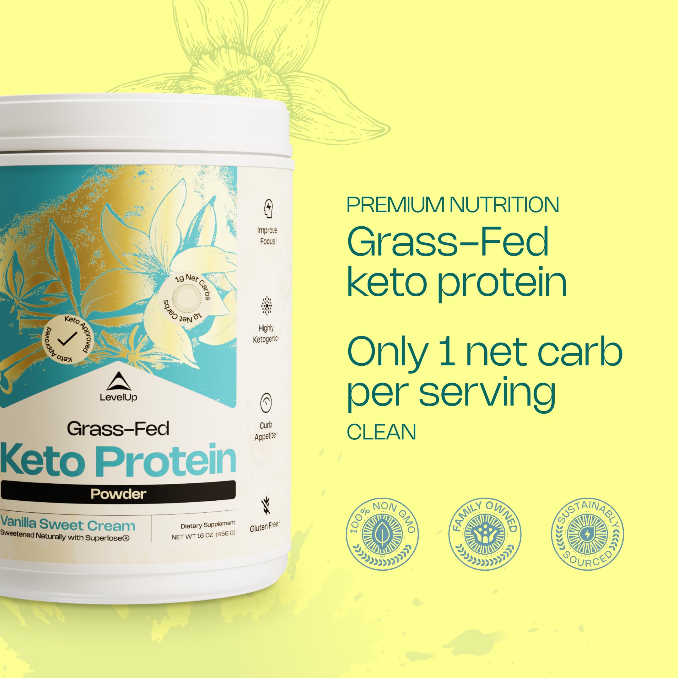 LevelUp Keto Protein vanilla scoop close-up highlights rich flavor and aroma.
