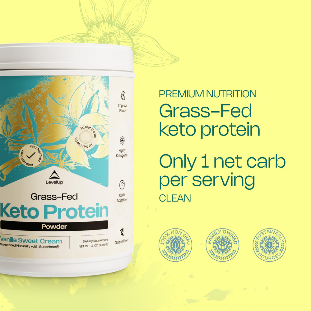 LevelUp Keto Protein vanilla scoop close-up highlights rich flavor and aroma.