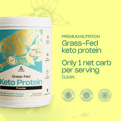 LevelUp Keto Protein vanilla scoop close-up highlights rich flavor and aroma.
