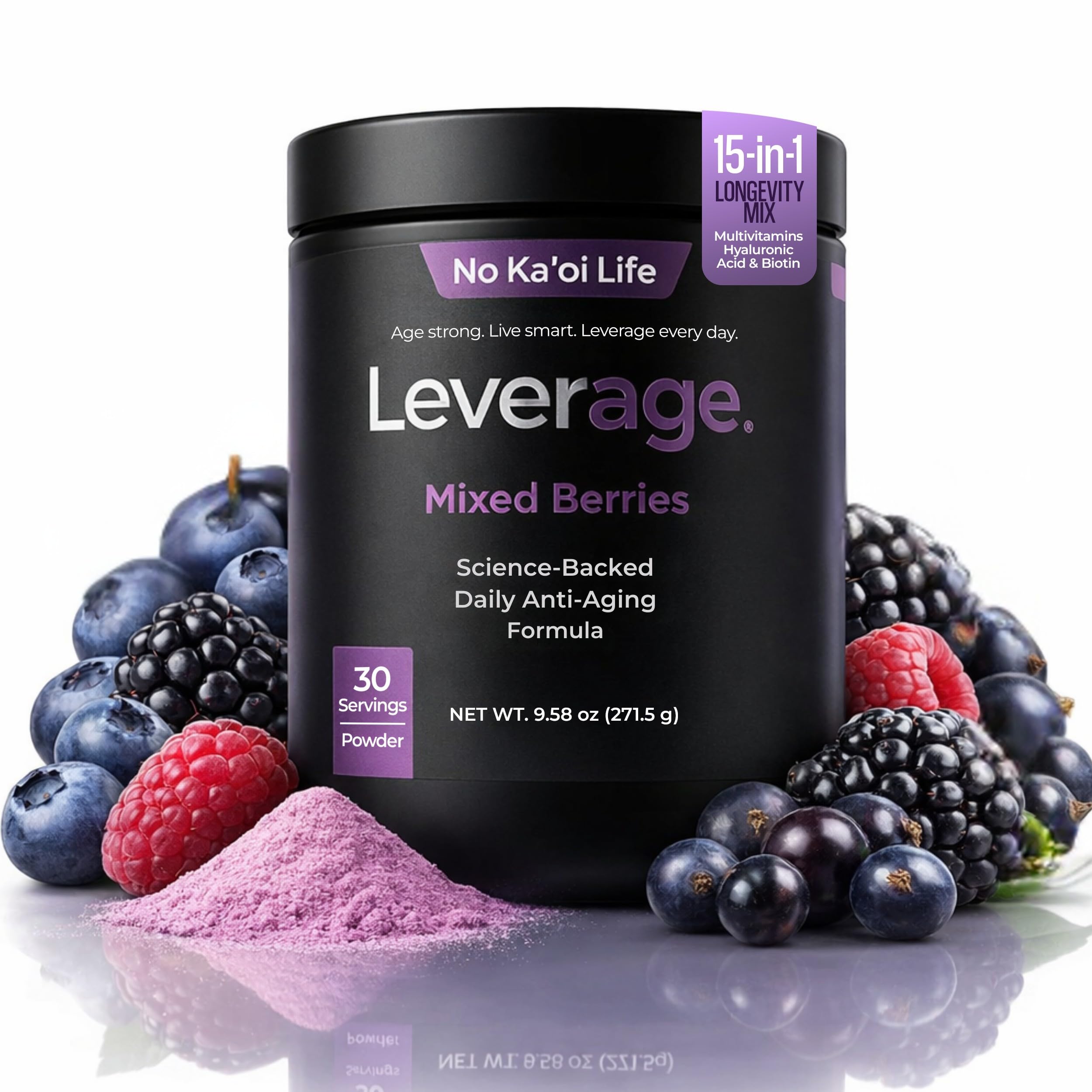 Leverage Mixed Berries powder being poured into water for daily wellness.