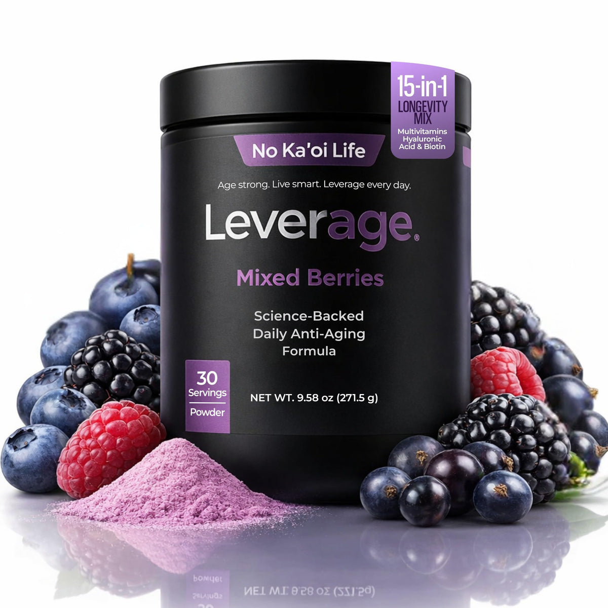 Leverage Mixed Berries powder being poured into water for daily wellness.