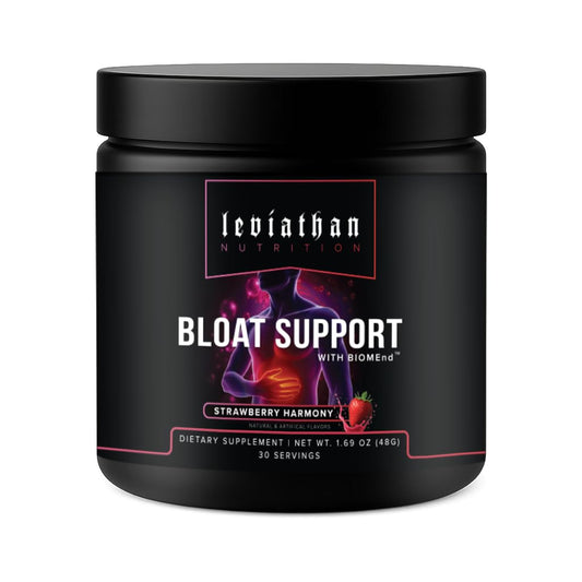 Leviathan Bloat Support bottle label with BIOMend Lysine Butyrate for daily wellness