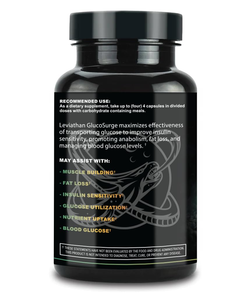 Leviathan GlucoSurge label design showing ingredients and benefits