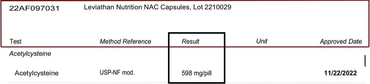 Leviathan NAC bottle pour showing 600mg per capsule