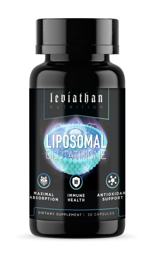 Leviathan Nutrition liposomal glutathione capsules bottle demonstrates premium antioxidant support