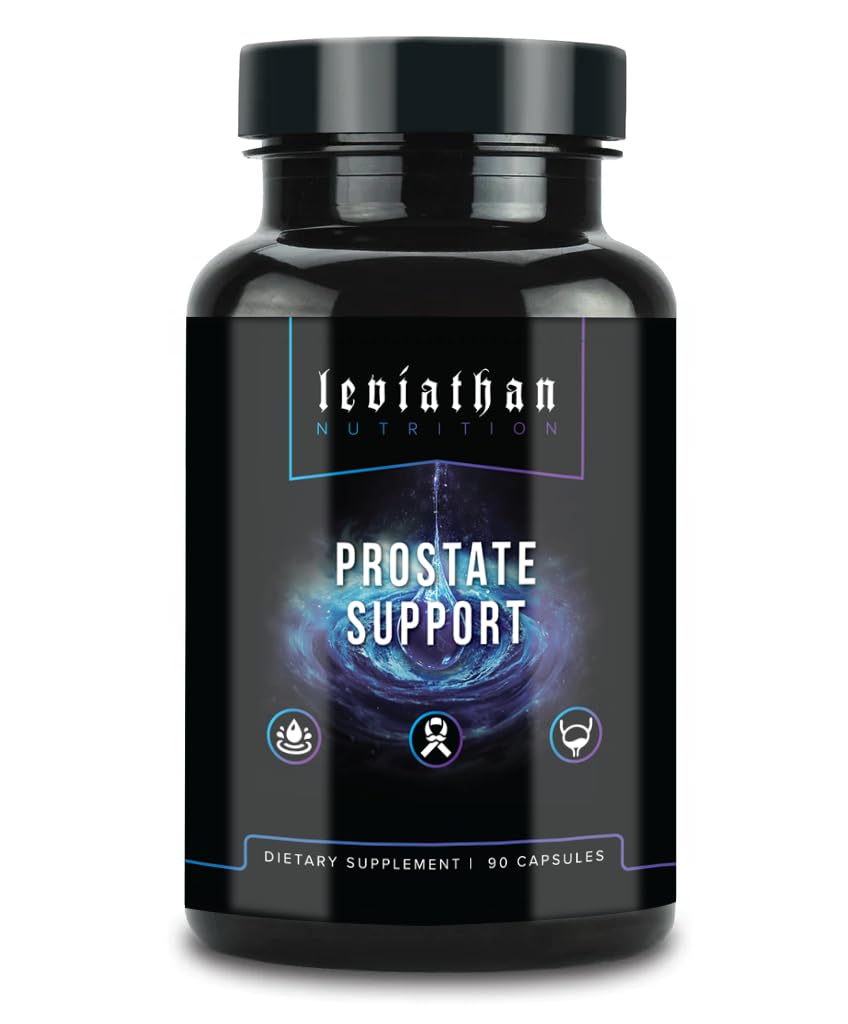 Leviathan Nutrition Prostate Support bottle shows cranberry extract for urinary comfort.