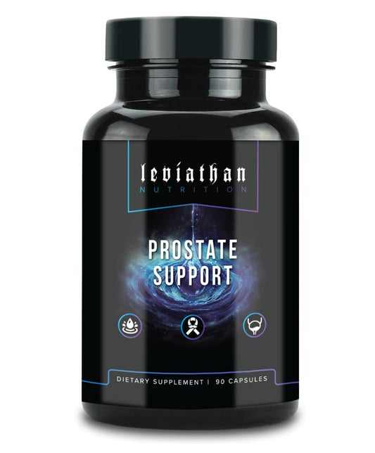 Leviathan Nutrition Prostate Support bottle shows cranberry extract for urinary comfort.
