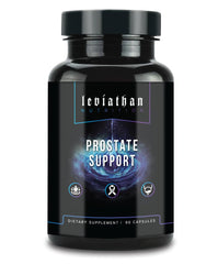 Leviathan Nutrition Prostate Support bottle shows cranberry extract for urinary comfort.