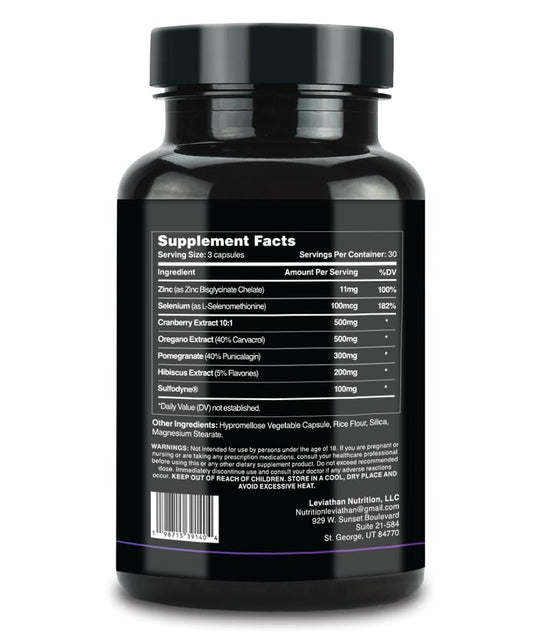 Leviathan Nutrition Prostate Support bottle highlights oregano extract for bladder support.