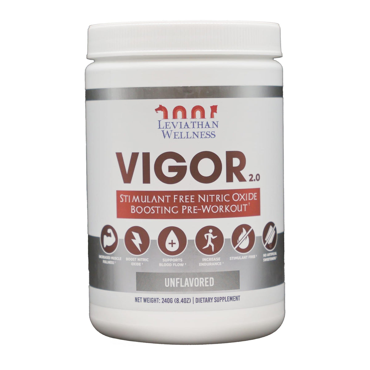 Leviathan Wellness Vigor V2 unflavored powder tub front for workouts