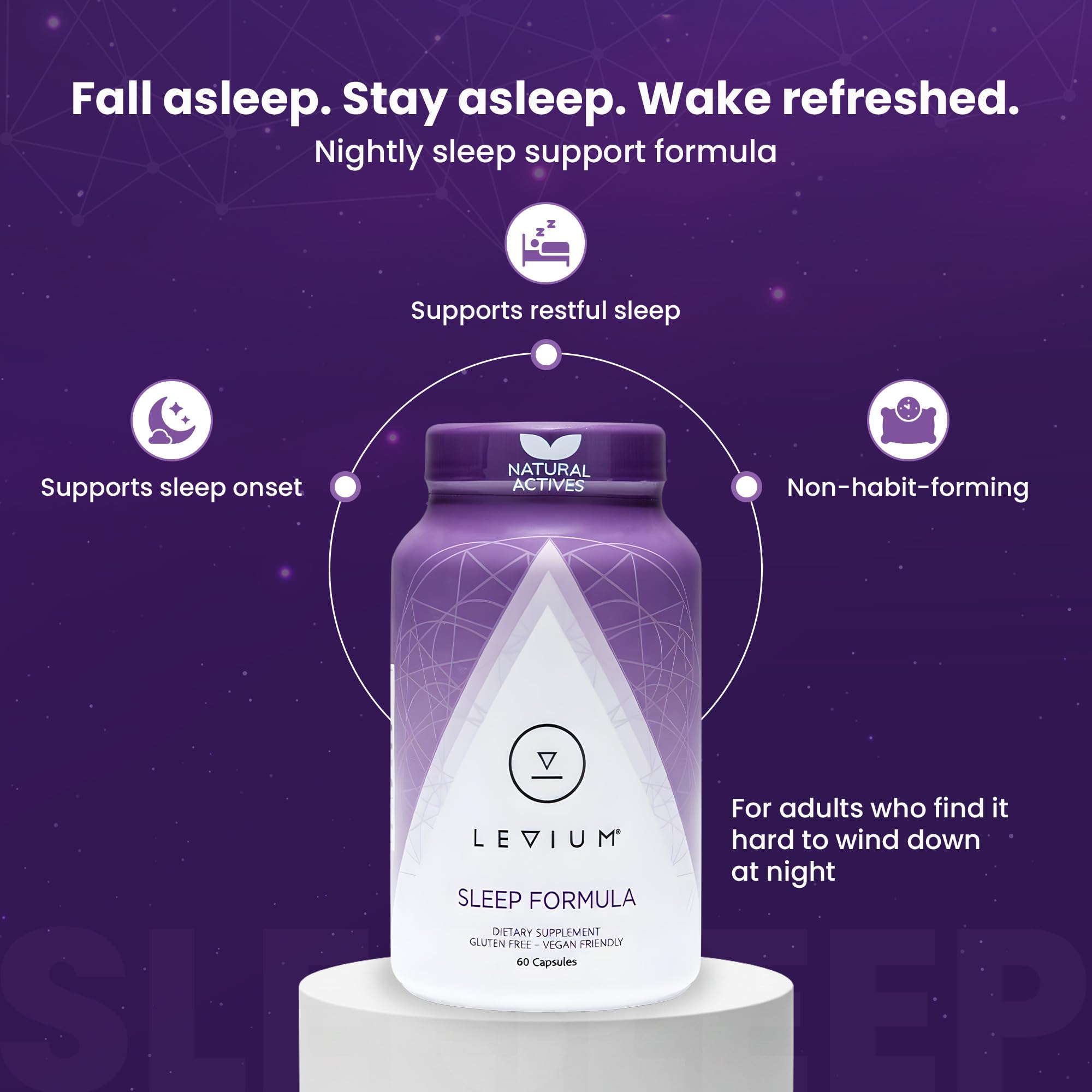 Levium Sleep Formula capsules close-up, easy nightly use