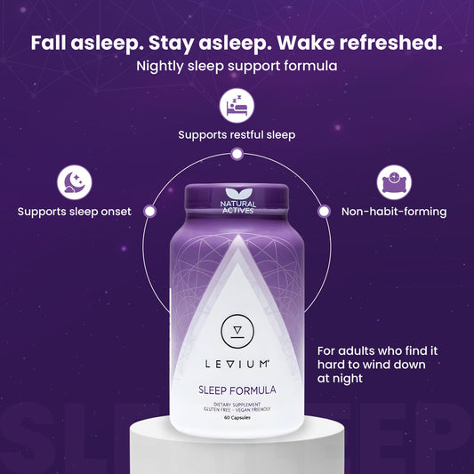 Levium Sleep Formula capsules close-up, easy nightly use
