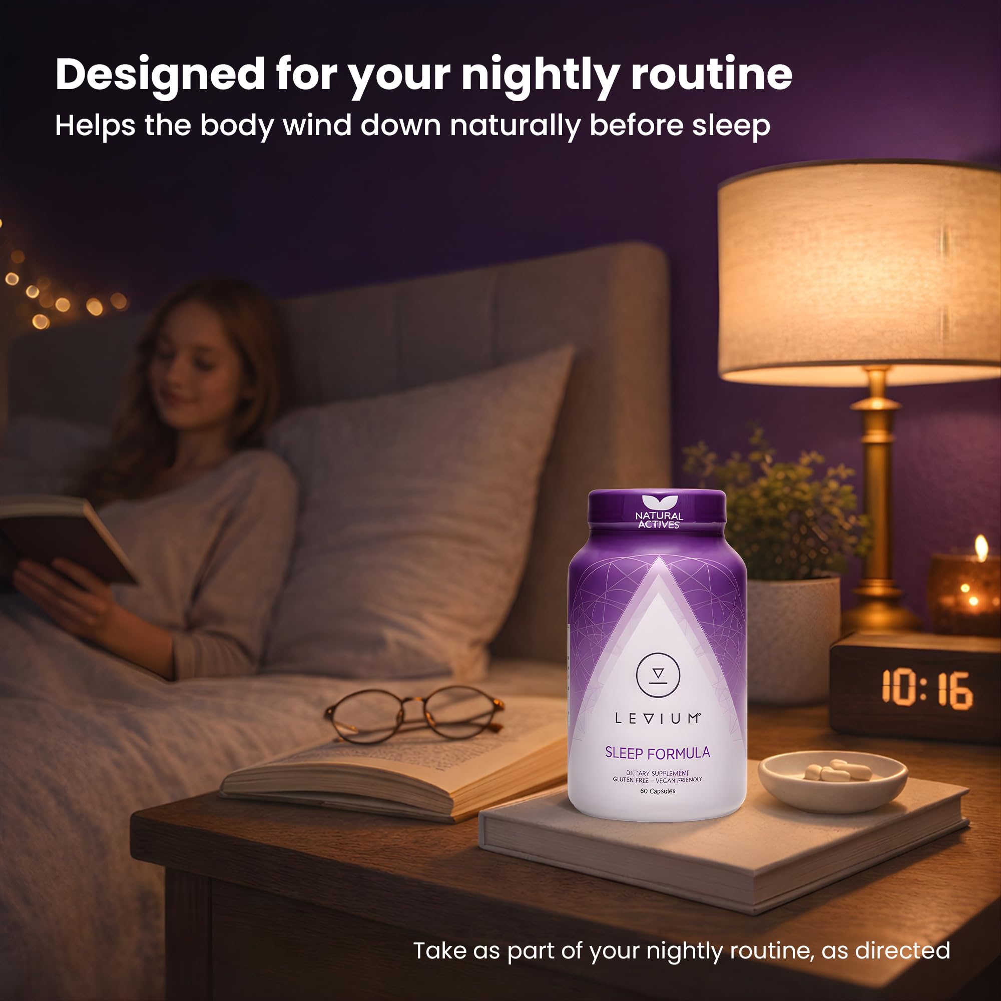 Levium Sleep Formula capsules pour from bottle for nightly routine