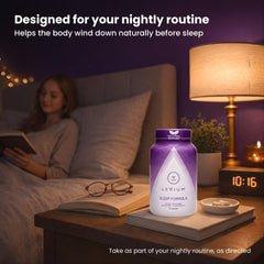 Levium Sleep Formula capsules pour from bottle for nightly routine