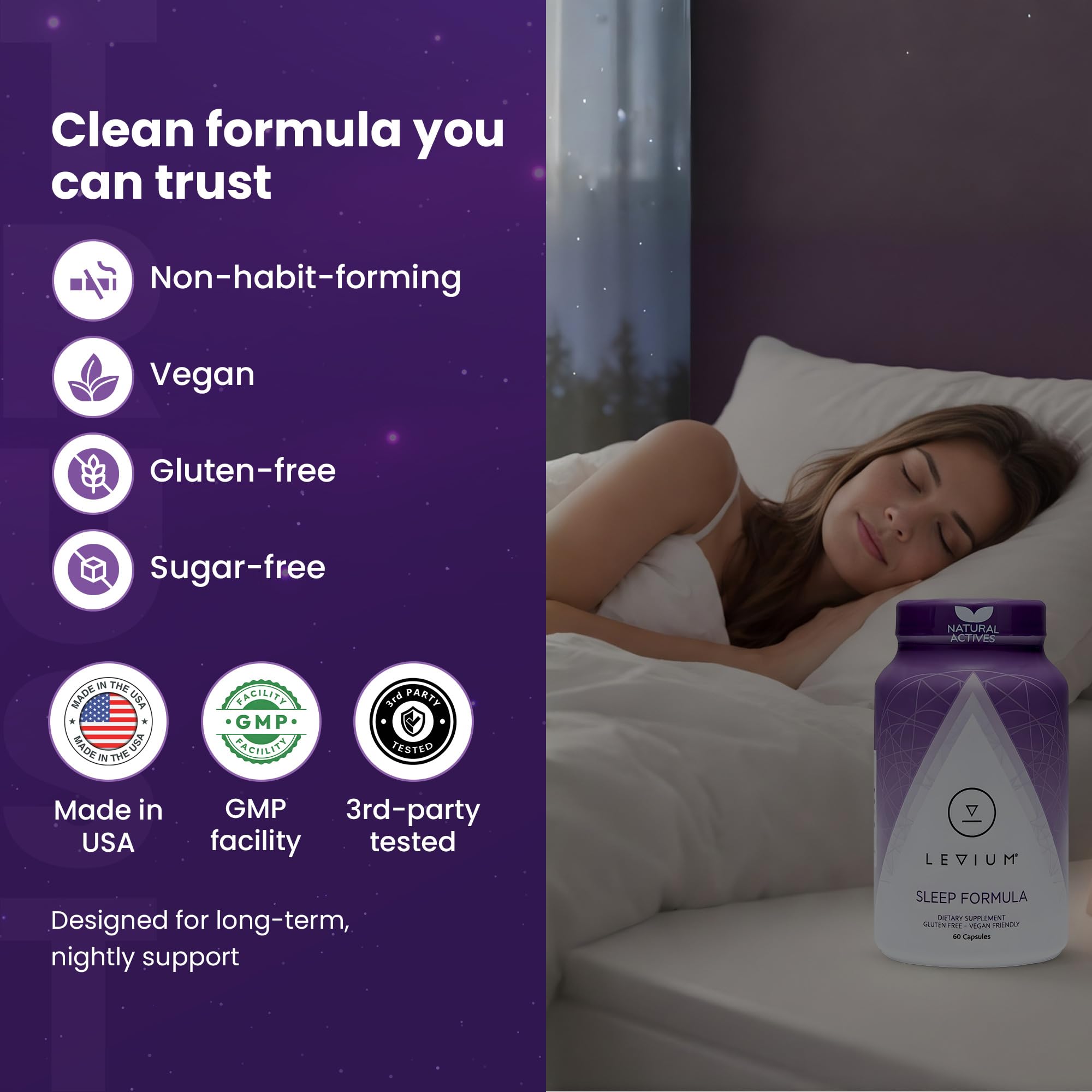 Levium Sleep Formula on nightstand with water for a calm ritual