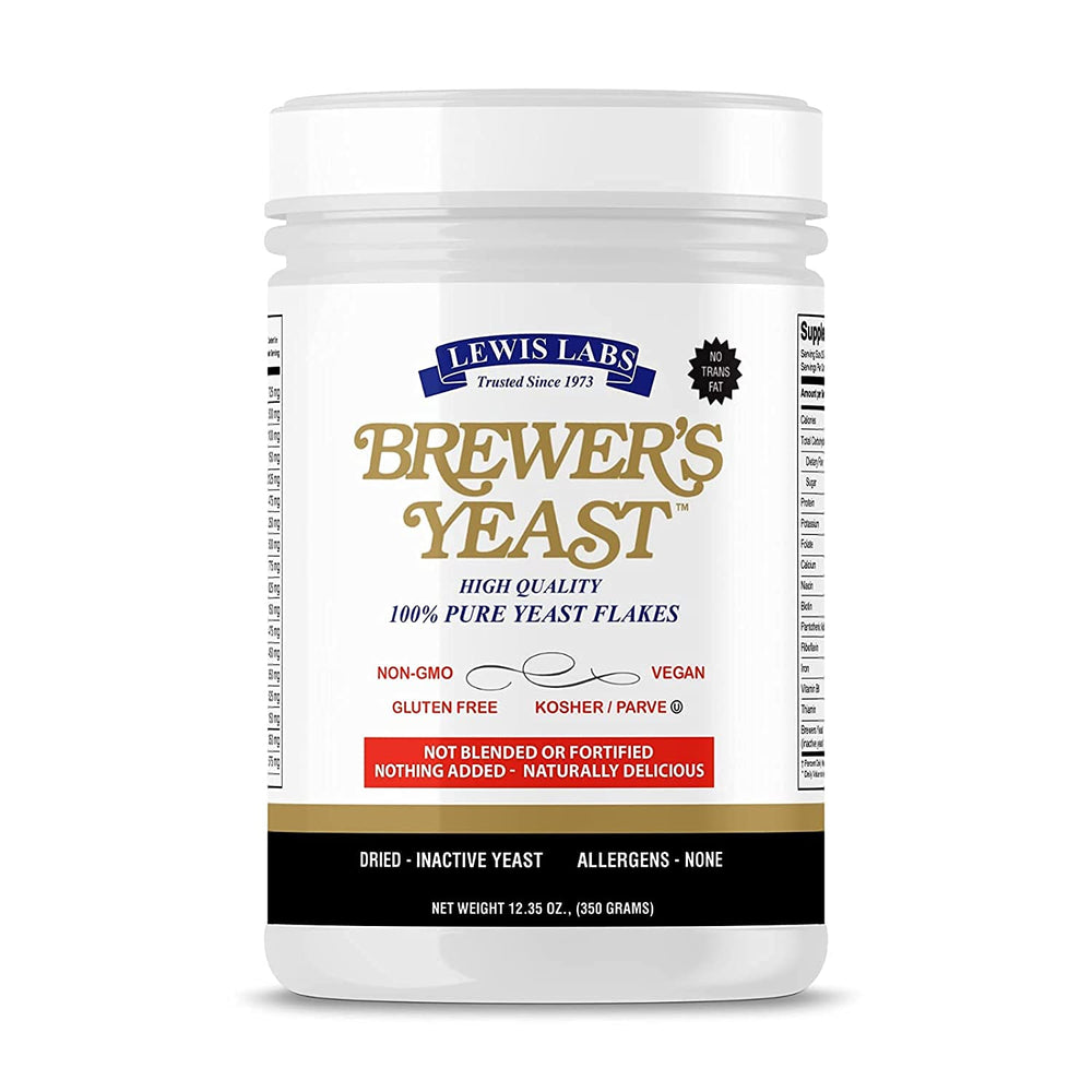 Lewis Labs Brewer's Yeast Flakes pack on counter, gluten-free nutrition ready