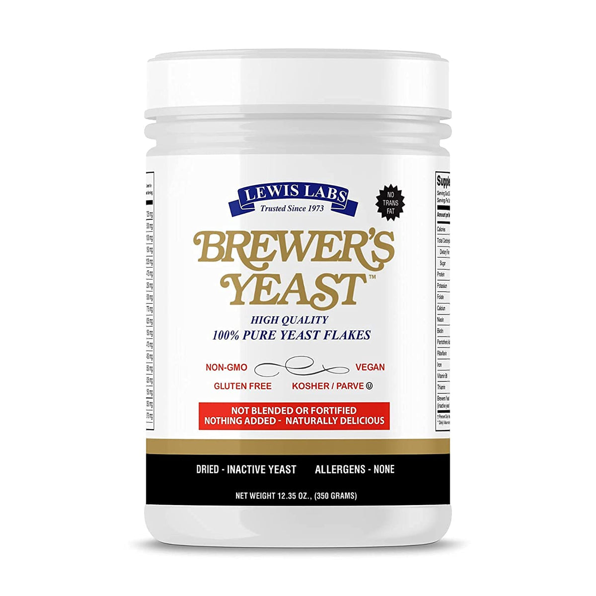 Lewis Labs Brewer's Yeast Flakes pack on counter, gluten-free nutrition ready