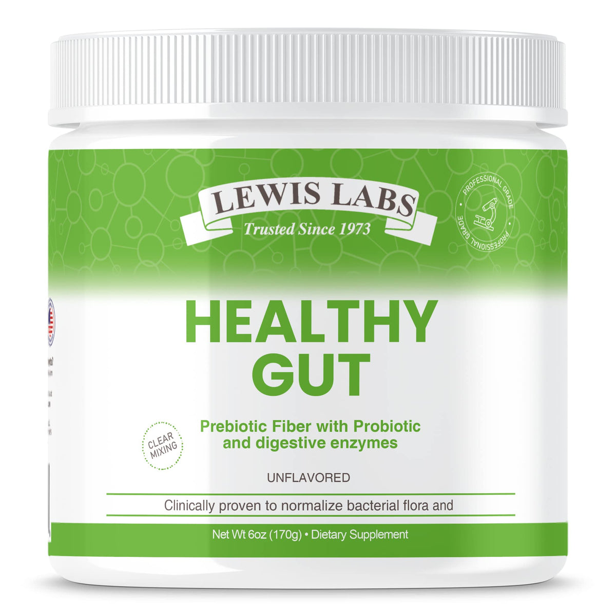 Lewis Labs Healthy Gut bottle showing probiotic fiber blend for digestion and absorption