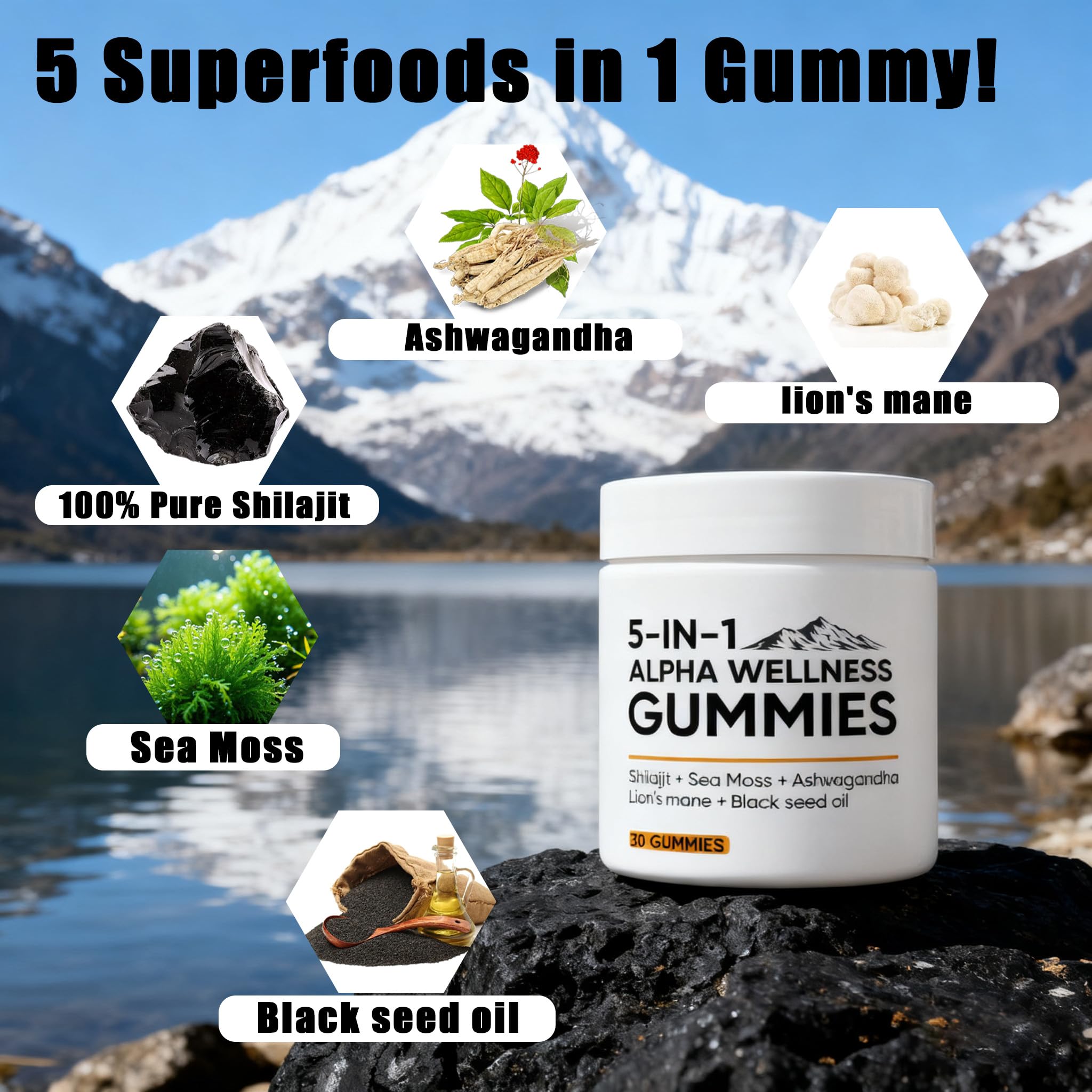 Lexenic gummies ingredients list emphasizes shilajit, ashwagandha, sea moss.