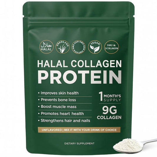 Lexenic Halal Collagen Protein Powder bottle showing grass-fed formula for skin and joints support.