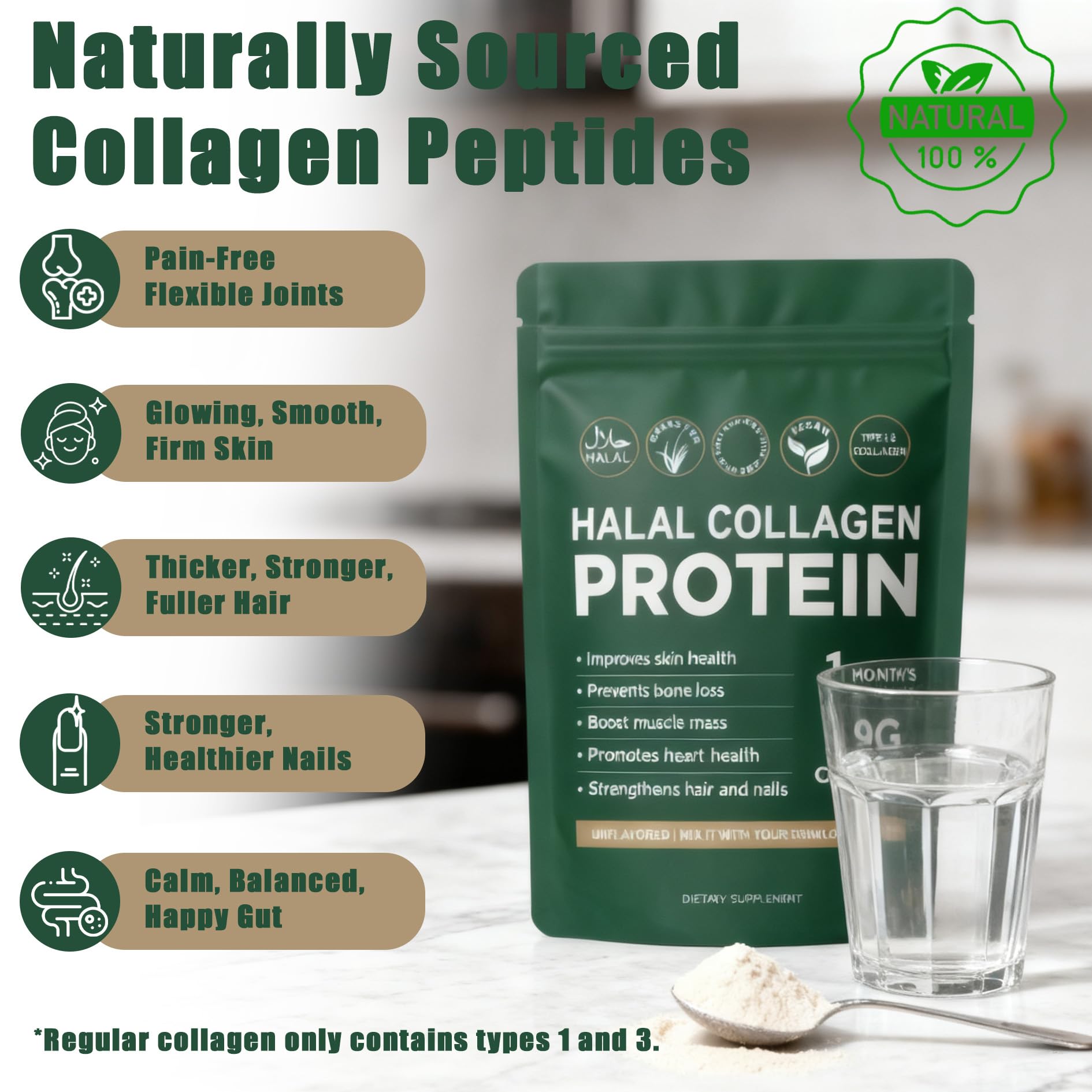 Glassy dissolving Lexenic collagen powder in water for tasteless drinks.