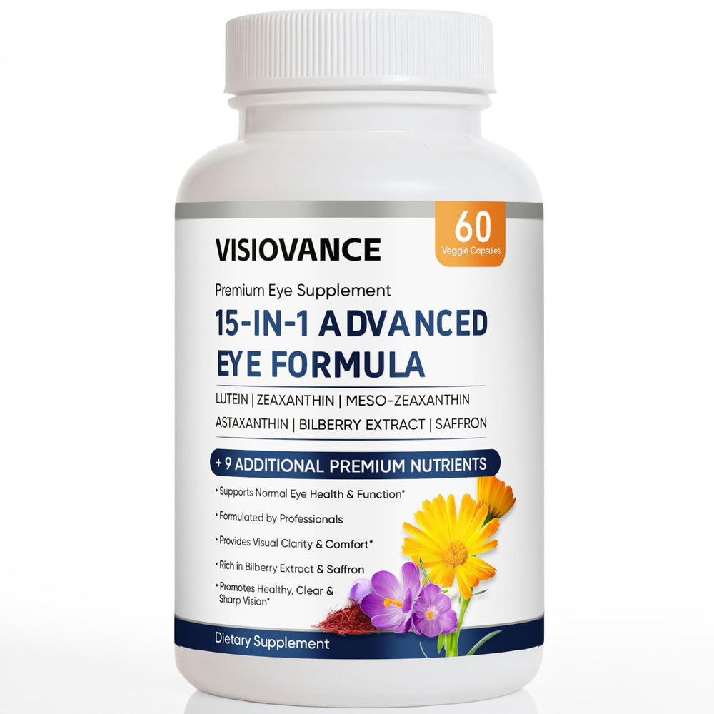 Lexenic VisioVance bottle displaying the 15-in-1 formula for daily eye support.