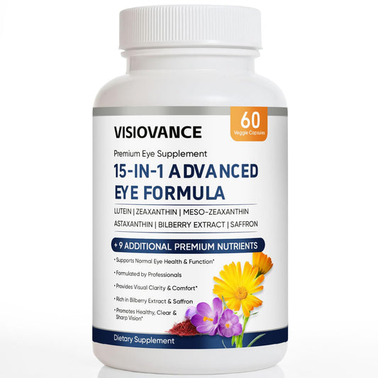 Lexenic VisioVance bottle displaying the 15-in-1 formula for daily eye support.
