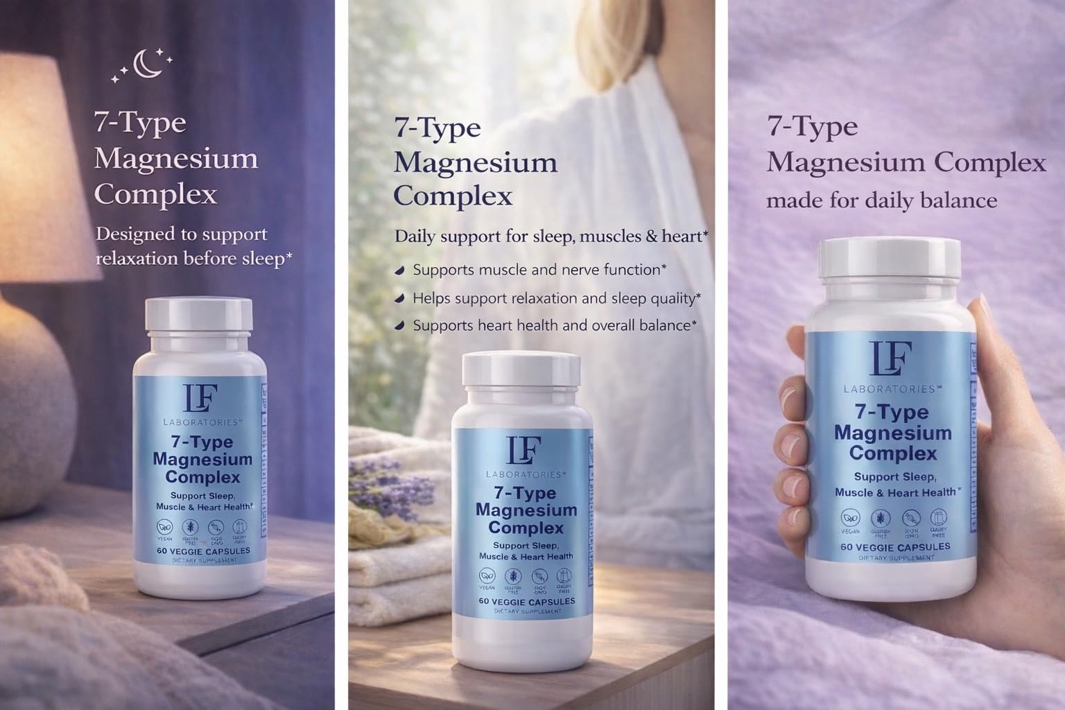 Bottle with LF Laboratories magnesium capsules ready for daily routine
