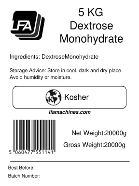 LFA Dextrose Monohydrate powder with scoop, ideal for easy mixing.