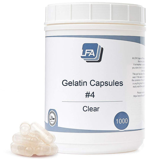 LFA empty capsules size 4 with clear gelatin, 1000-count for DIY formulations.