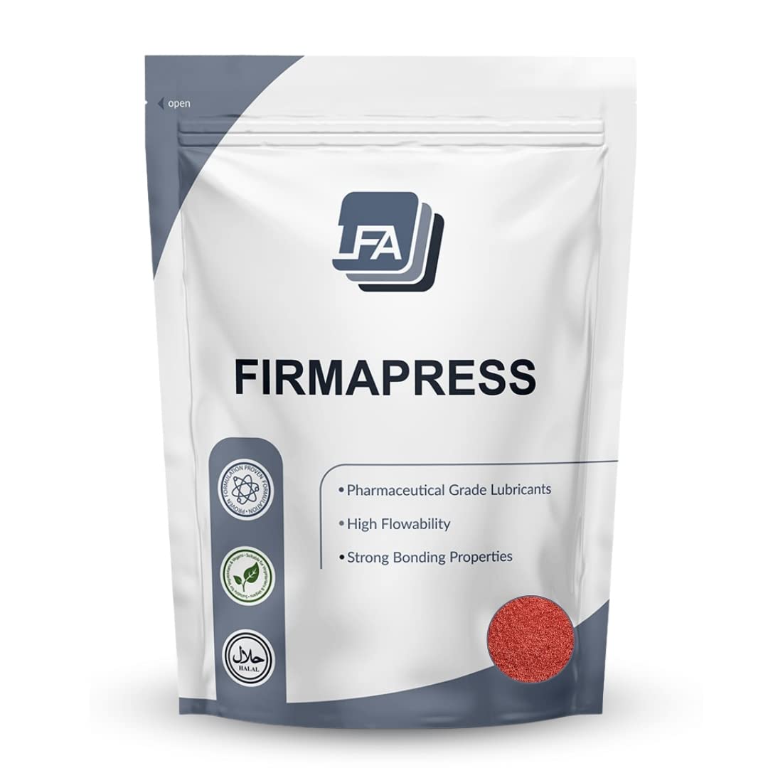 LFA Firmapress pill binder powder in red bottle for direct compression tablets.
